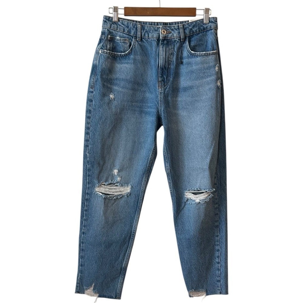 ZARA High Waist‎ Ripped Knee Raw Hem Mom Denim Jeans Size 8 Medium Wash NEW
